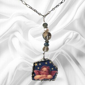 Cherub Broken China Pendant Caged in Silver Blend Metalwork with Crystal Beads